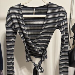 Free People Black and White Long Sleeve Wrap Blouse